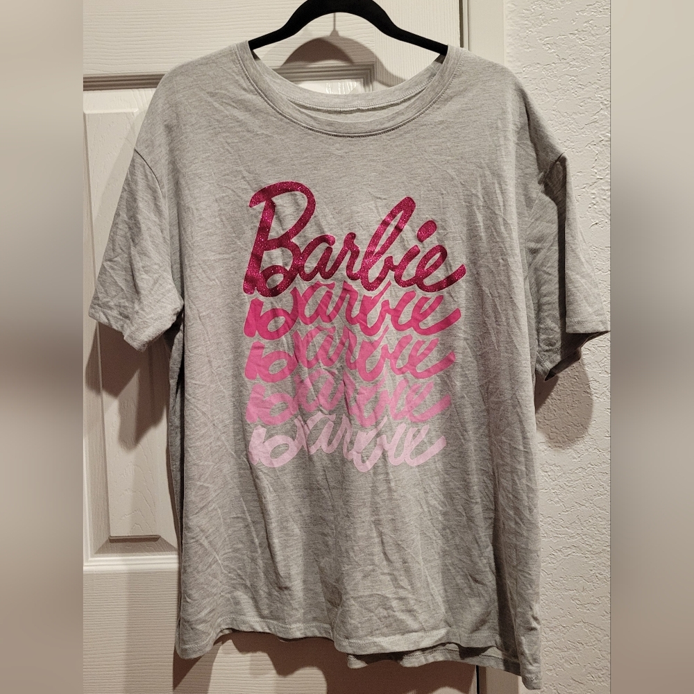 Barbie Tee with Pink Script on Gray